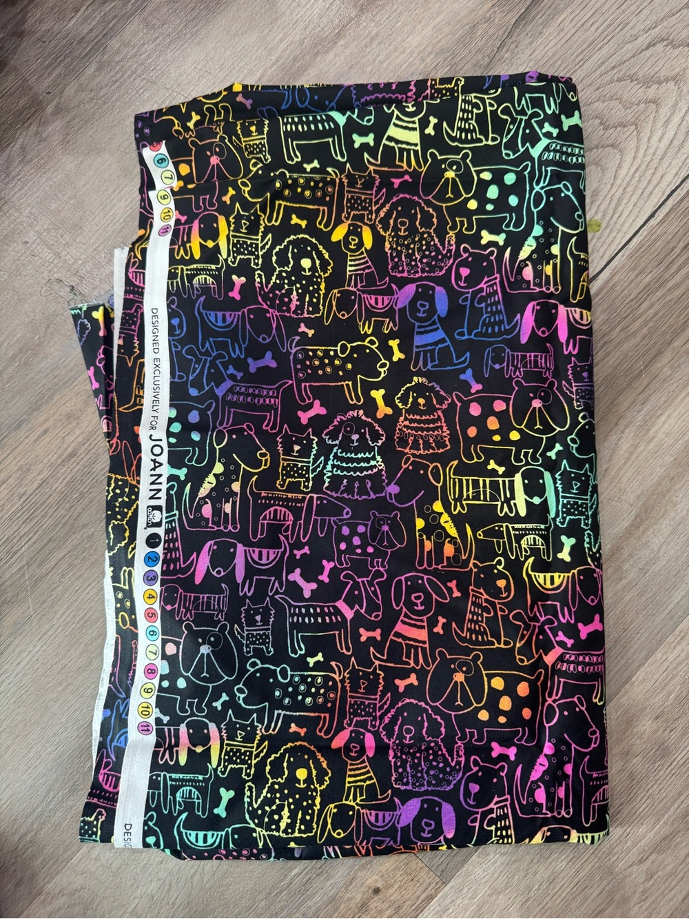 Bright Multi Scketched Outline Cute Dogs Bones On Black 100% cotton fabric